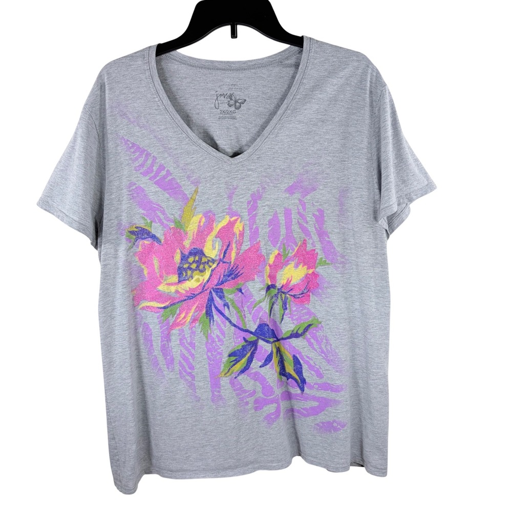 JMS Just My Size Floral Graphic T Shirt V-Neck Heather Grey Plus Size Womens 2X